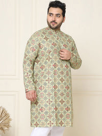 SOJANYA PLUS Ethnic Motifs Printed Band Collar Straight Cotton Linen Kurta