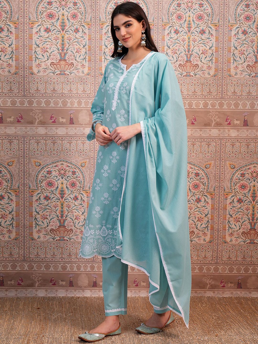 Vishudh Blue Ethnic Motifs Embroidered Thread Work Pure Cotton Kurta &Trouser & Dupatta