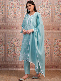 Vishudh Blue Ethnic Motifs Embroidered Thread Work Pure Cotton Kurta &Trouser & Dupatta