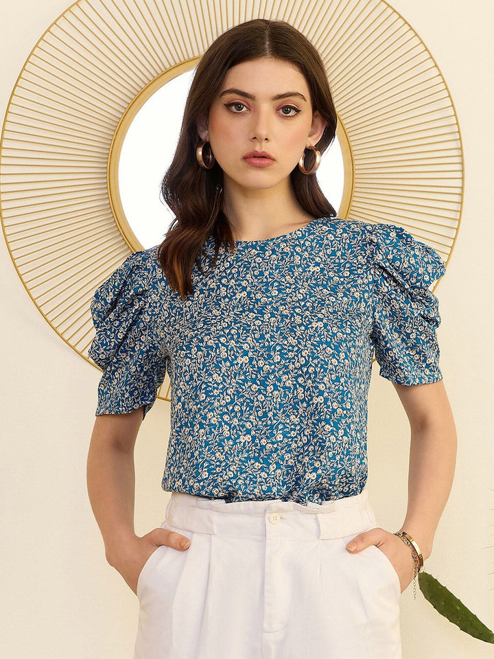 Berrylush Floral Print Round Neck Short Puff Sleeves Top