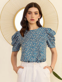 Berrylush Floral Print Round Neck Short Puff Sleeves Top