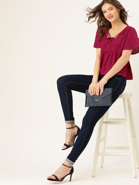 Dressberry magenta & beige pepejal ecovero sulaman terperinci A-line atas