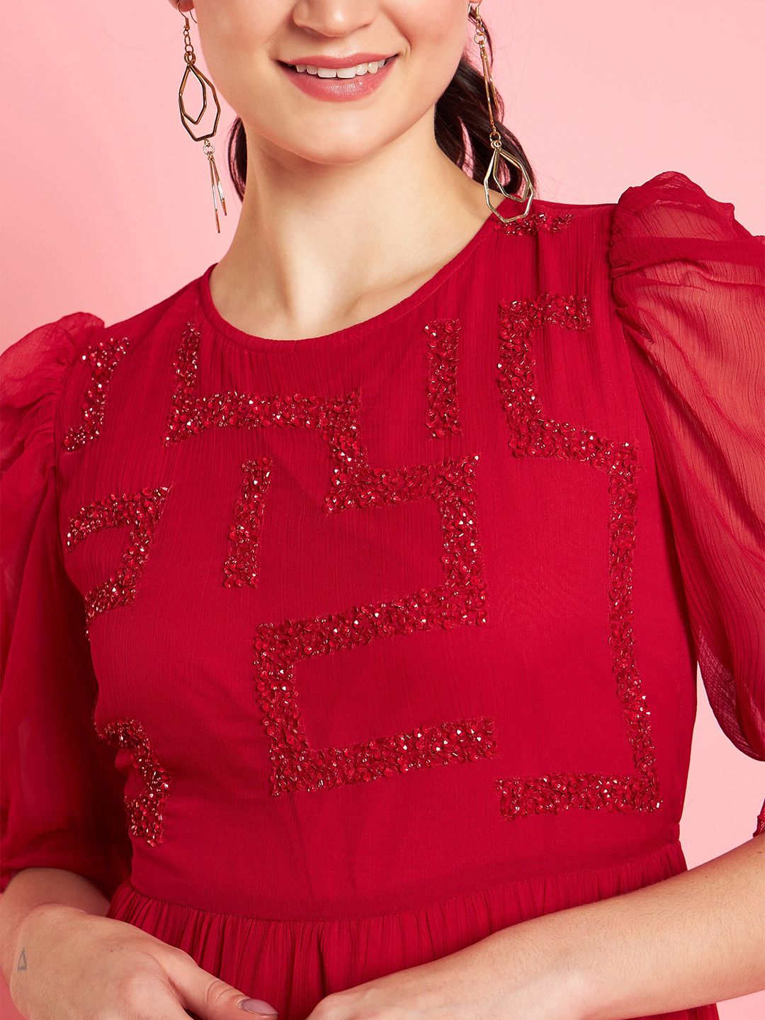 Antheaa Embellished Puff Sleeve Chiffon Maxi Dress
