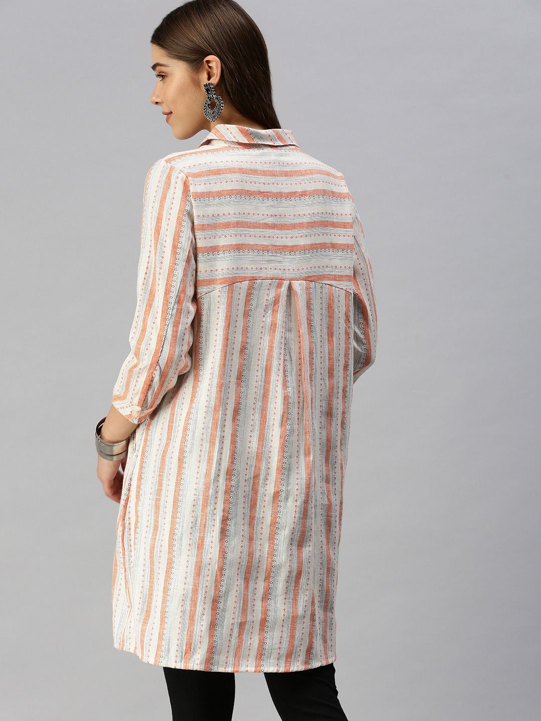 Global Desi Coral & White Shirt Collar Striped Tunic