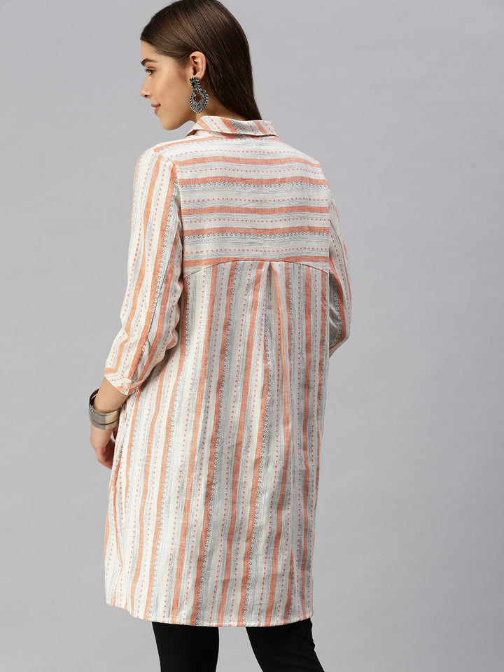 Global Desi Coral & White Shirt Collar Striped Tunic