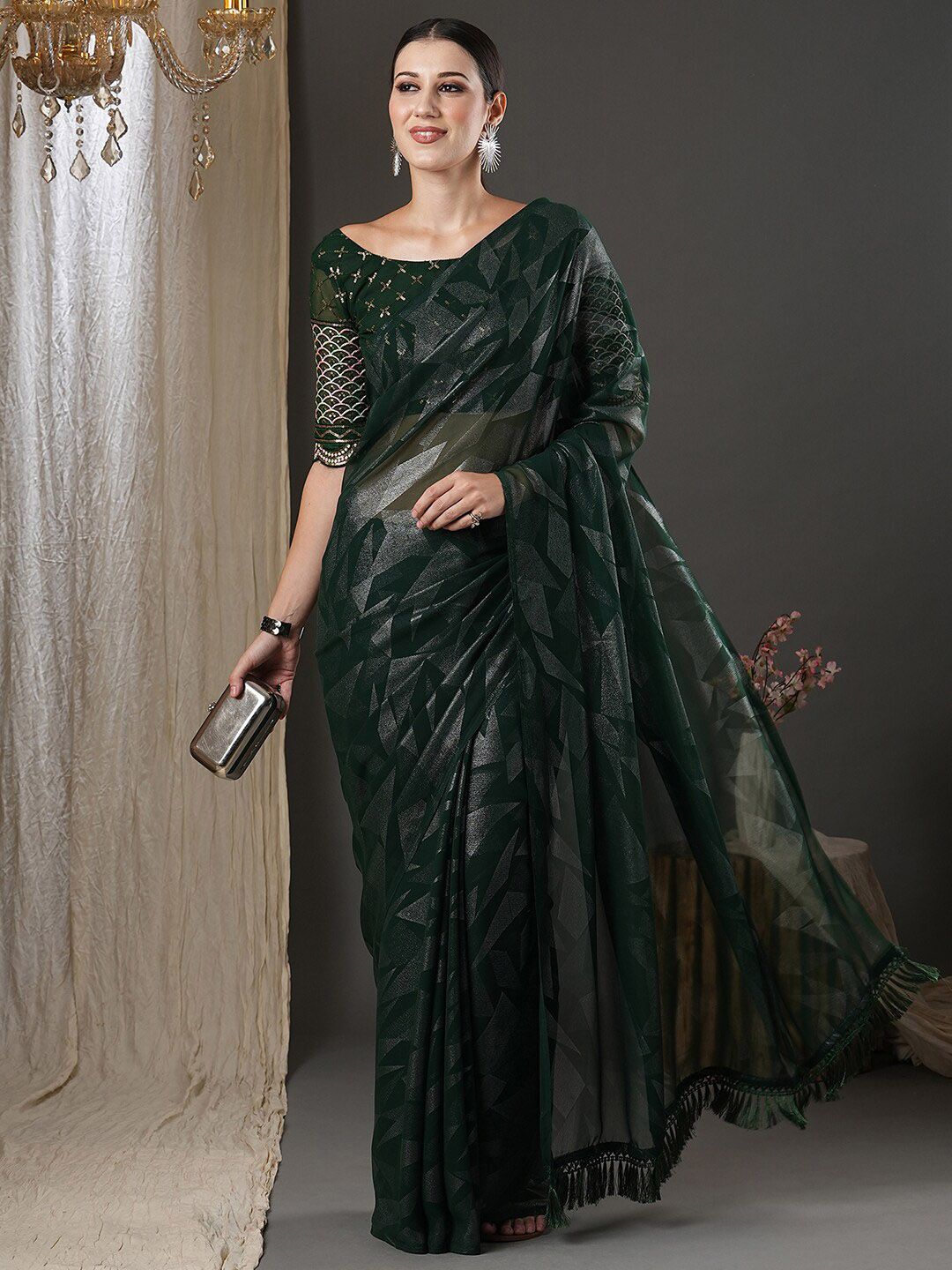 Saree mall Green Abstract Printed Poly Georgette Saree