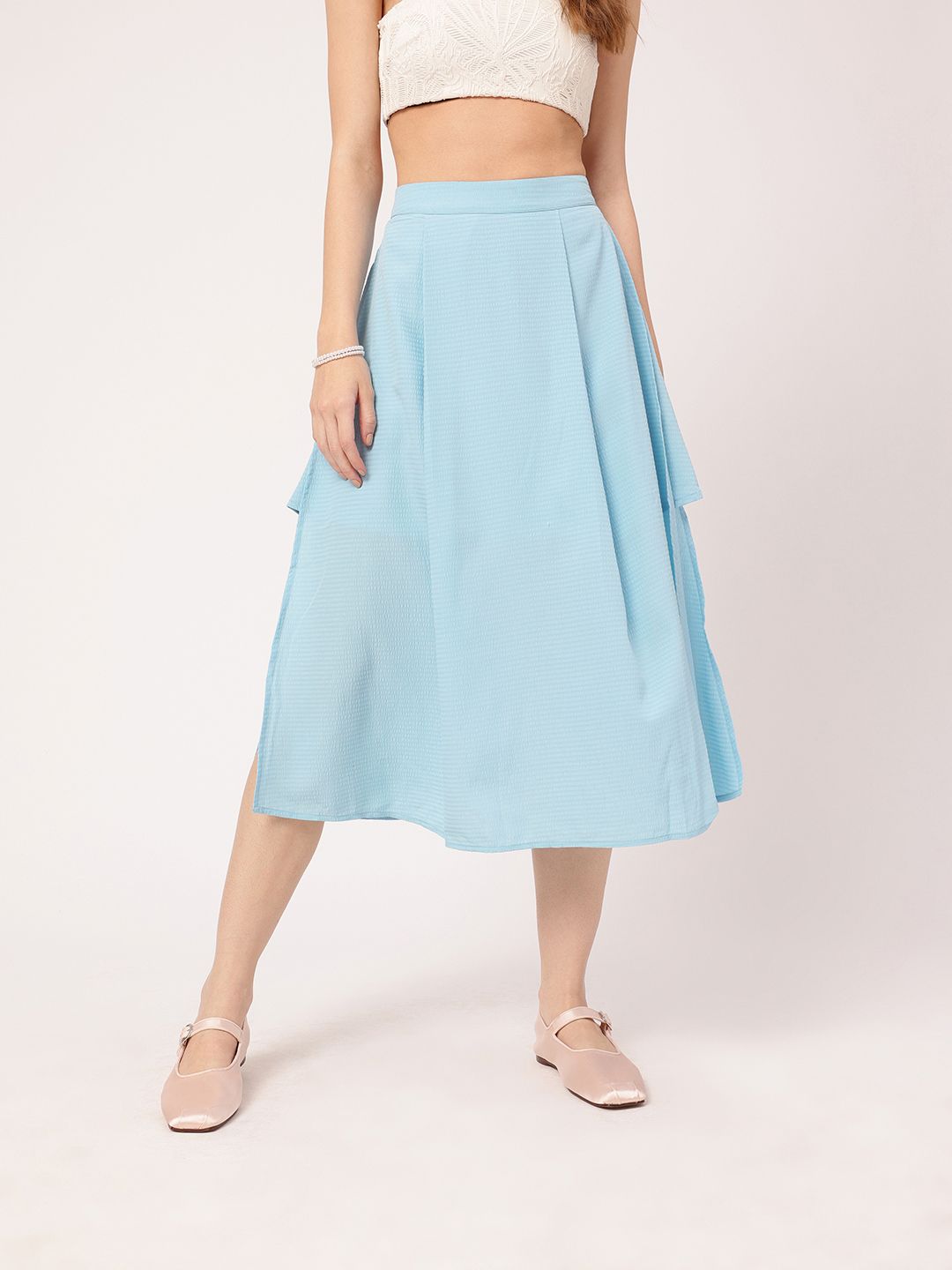 Playful Feminine Seersucker Side Slit A-Line Midi Skirt