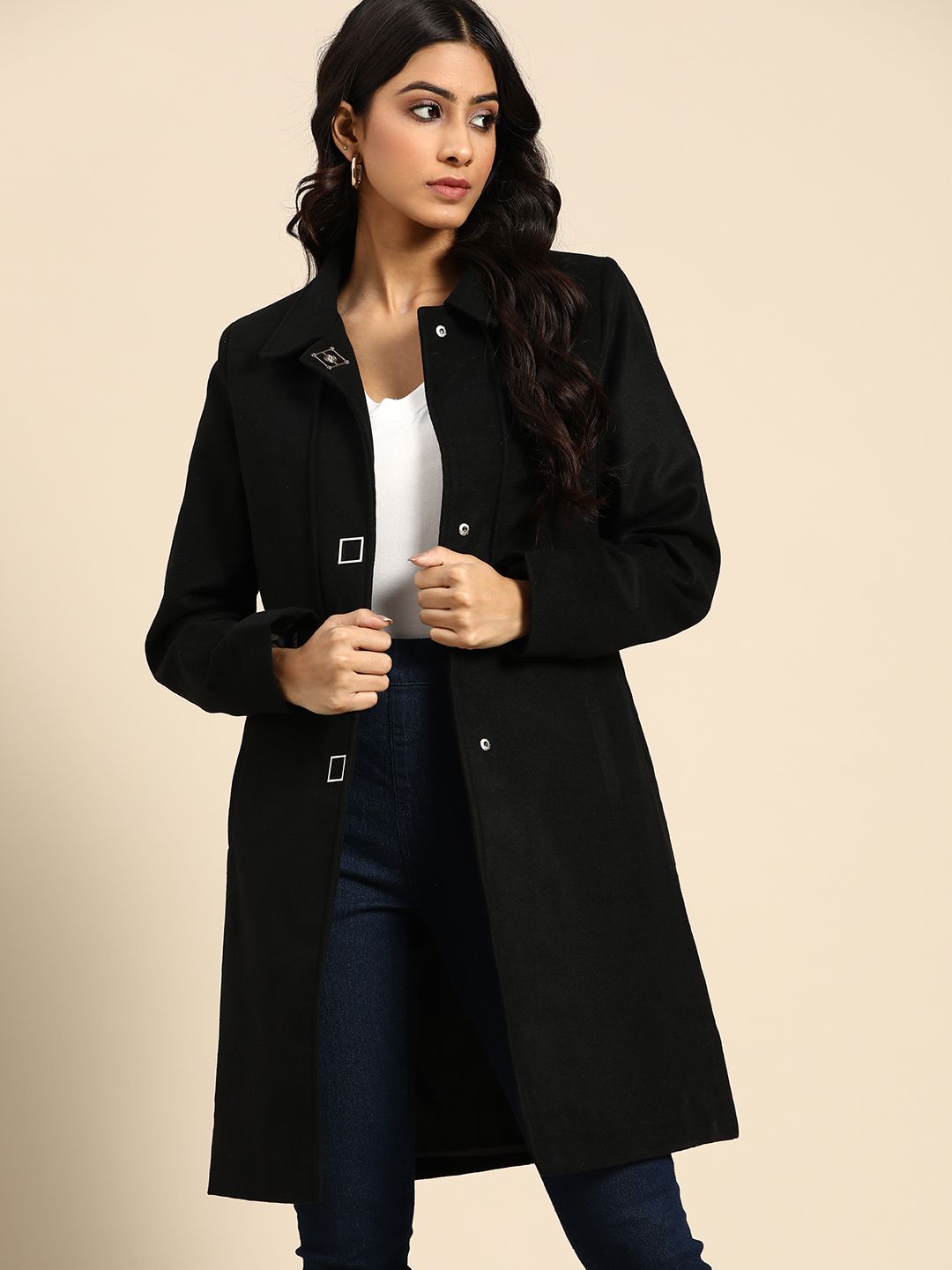 all about you Women Black Solid Longline Overcoat