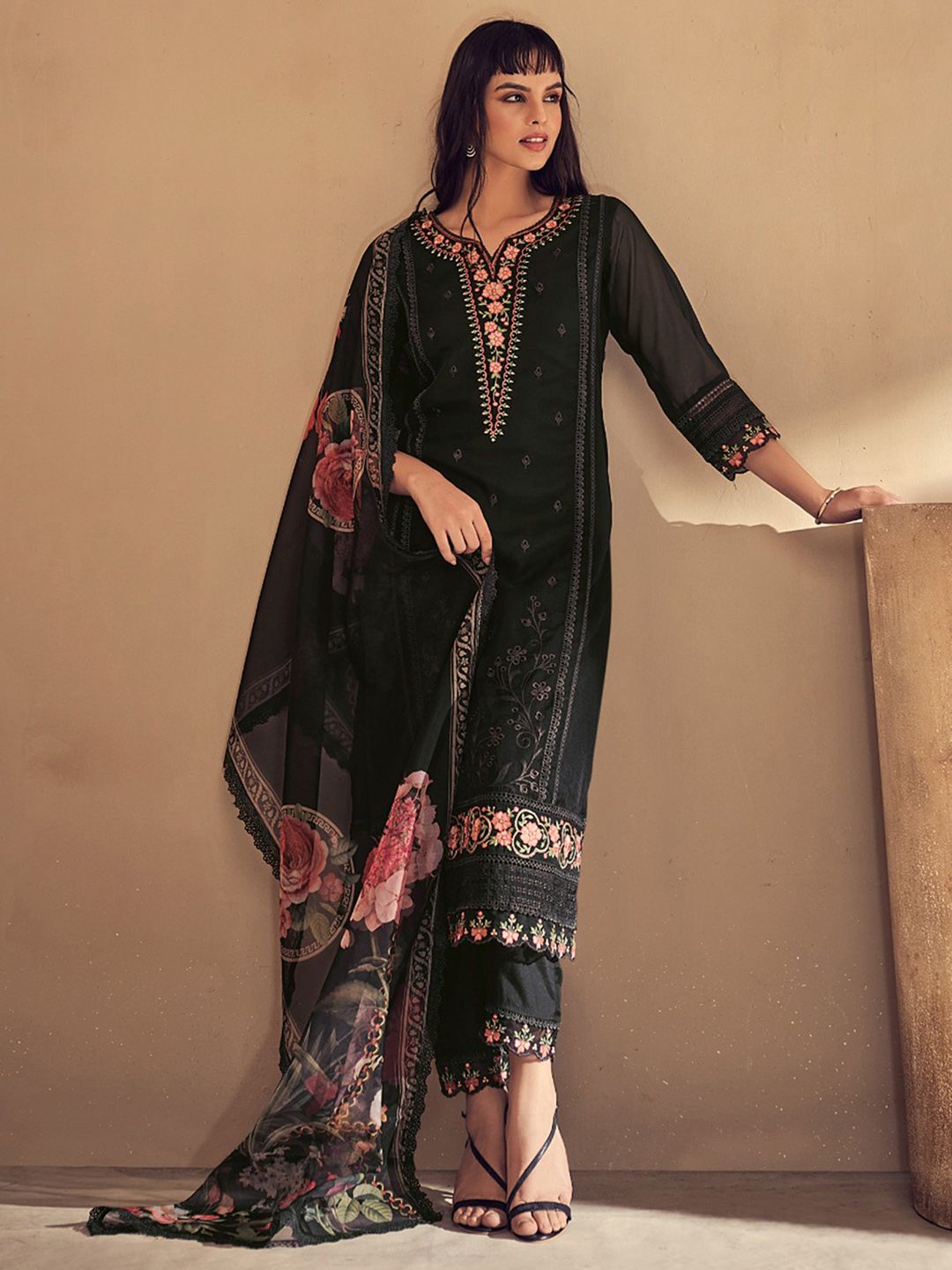 Indo Era Women Floral Embroidered Panelled Thread Work Kurta with Trousers & With Dupatta