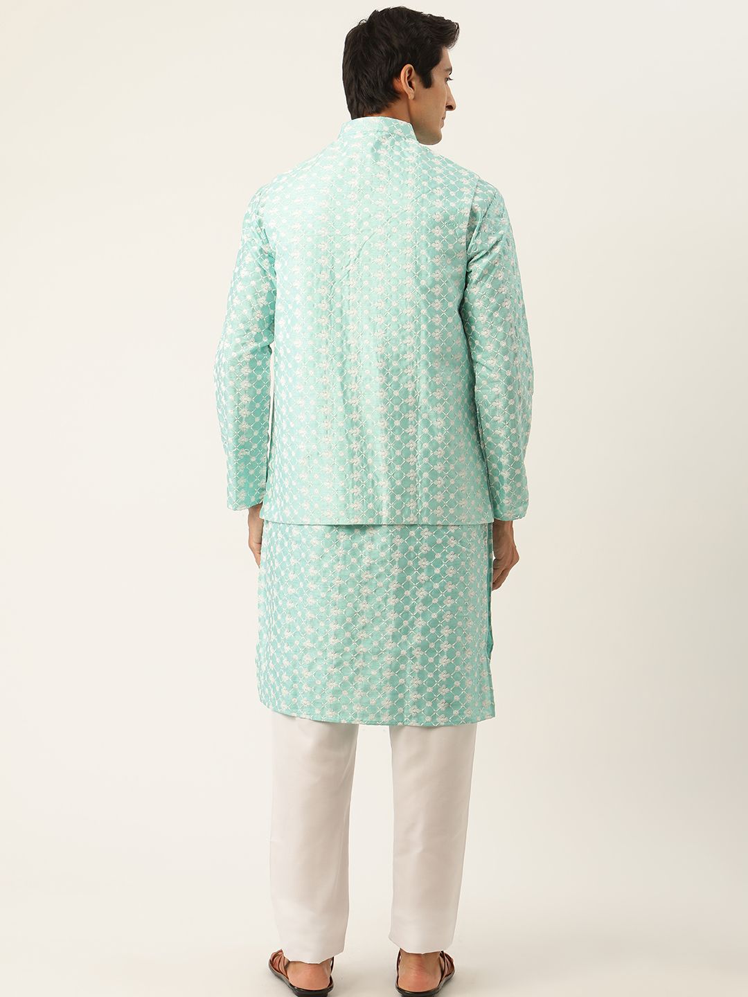 SOJANYA Men Sea Green & White Woven Design Kurta with Pyjamas & Nehru Jacket