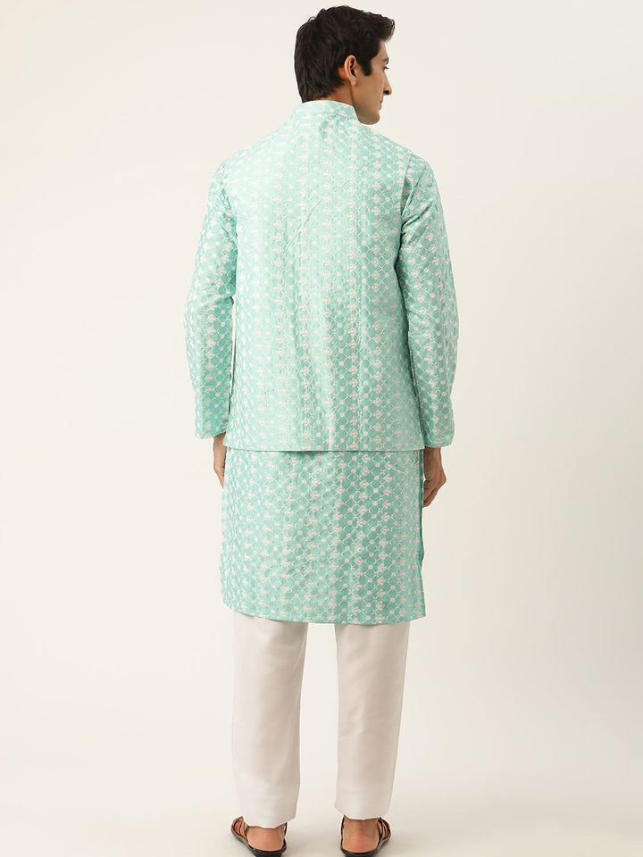 SOJANYA Men Sea Green & White Woven Design Kurta with Pyjamas & Nehru Jacket