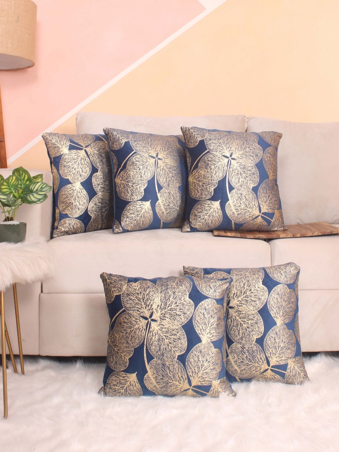 STITCHNEST Blue & Gold-Toned 5 Pieces Floral Velvet Square Cushion Covers