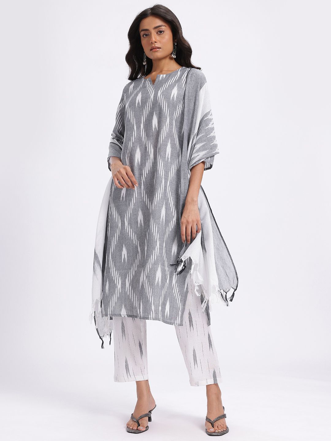 Anouk Ikat Print Regular Pure Cotton Kurta with Trousers & Dupatta
