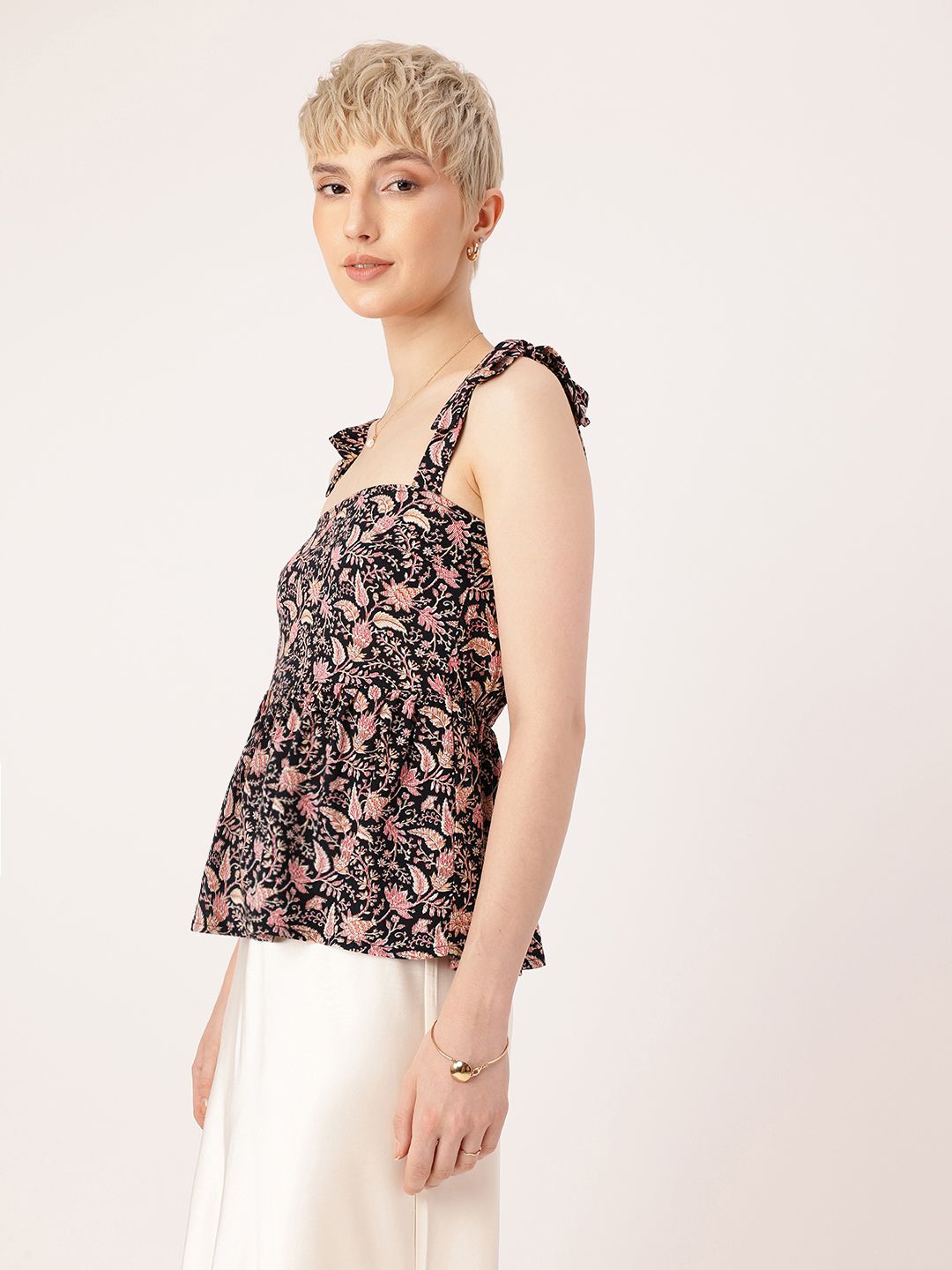 DressBerry Floral Printed Tie-Up Straps Gathers A-Line Top