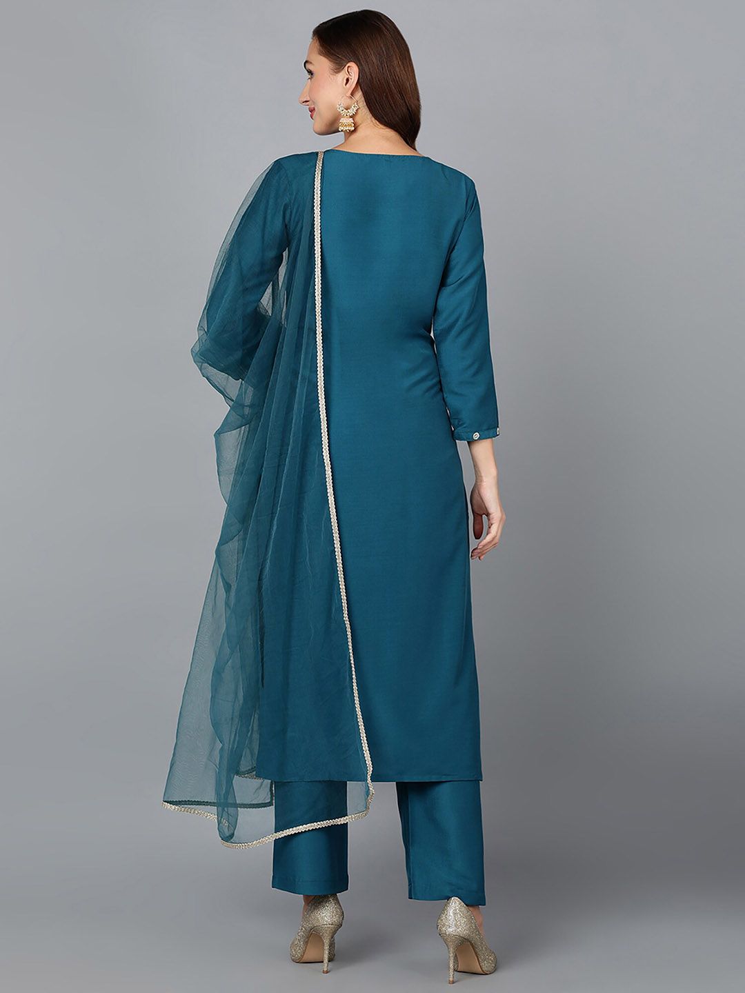 KALINI Ethnic Motifs Sequinned Embroidered Straight Kurta With Trousers & Dupatta