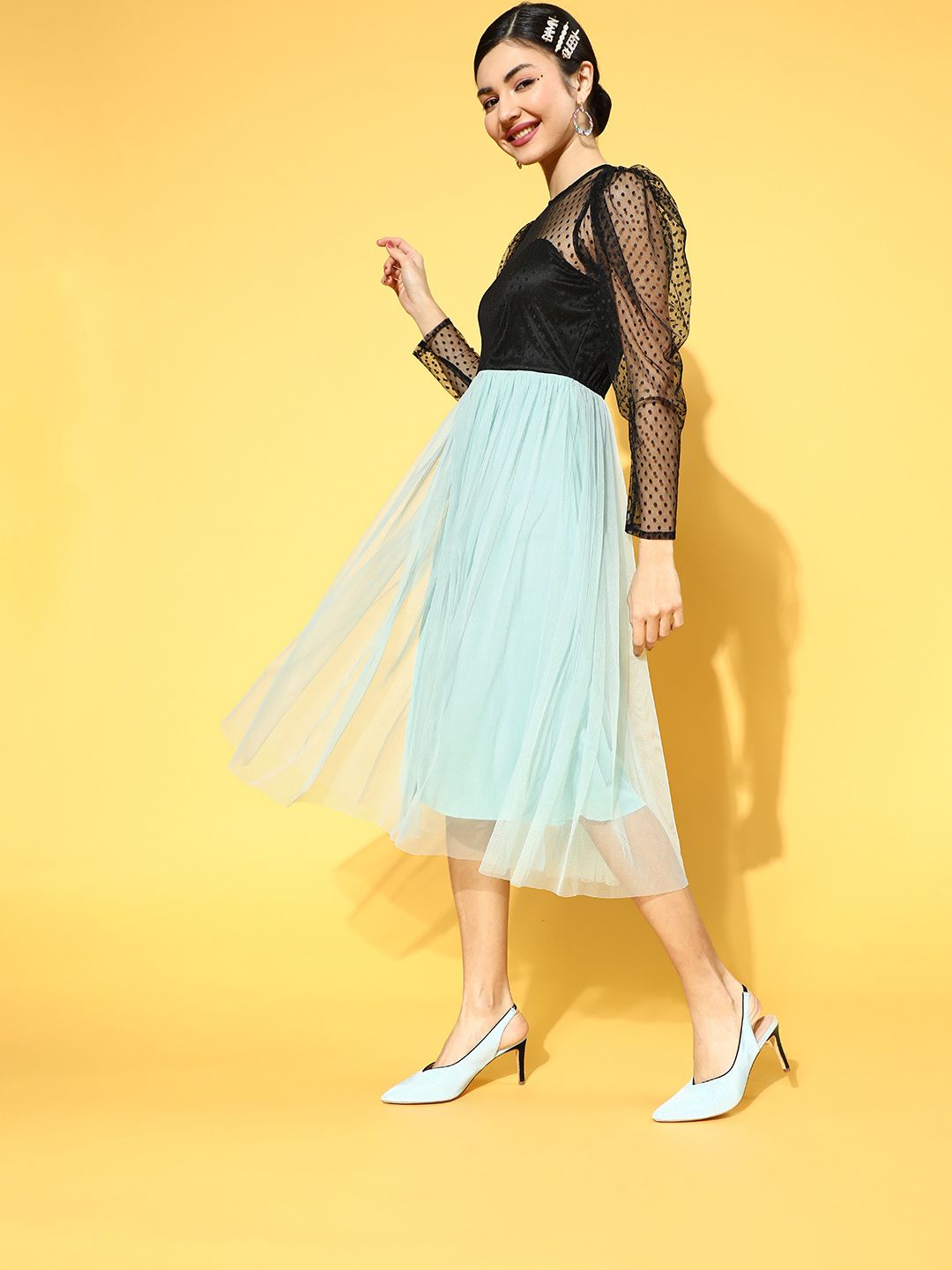 Athena Black & Blue Colourblocked A-Line Midi Dress