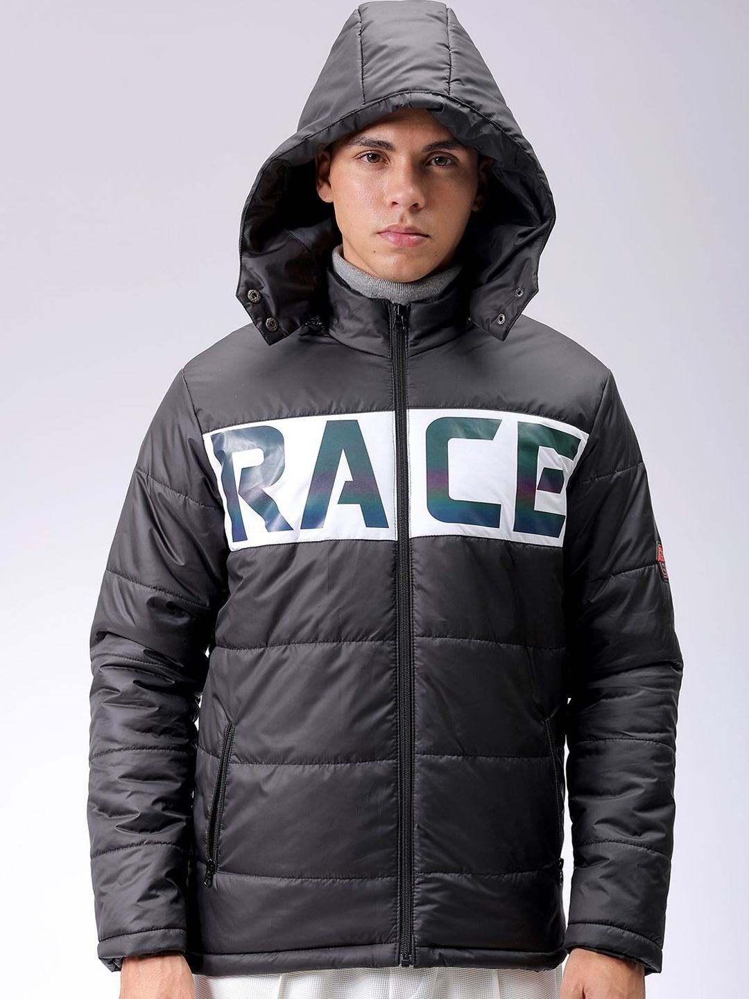 The Indian Garage Co Men Black Reflective Print Detachable Hood Padded Jacket