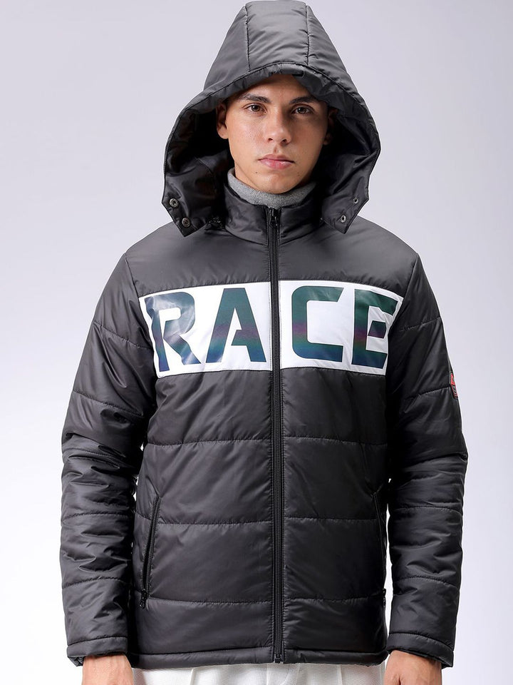 The Indian Garage Co Men Black Reflective Print Detachable Hood Padded Jacket