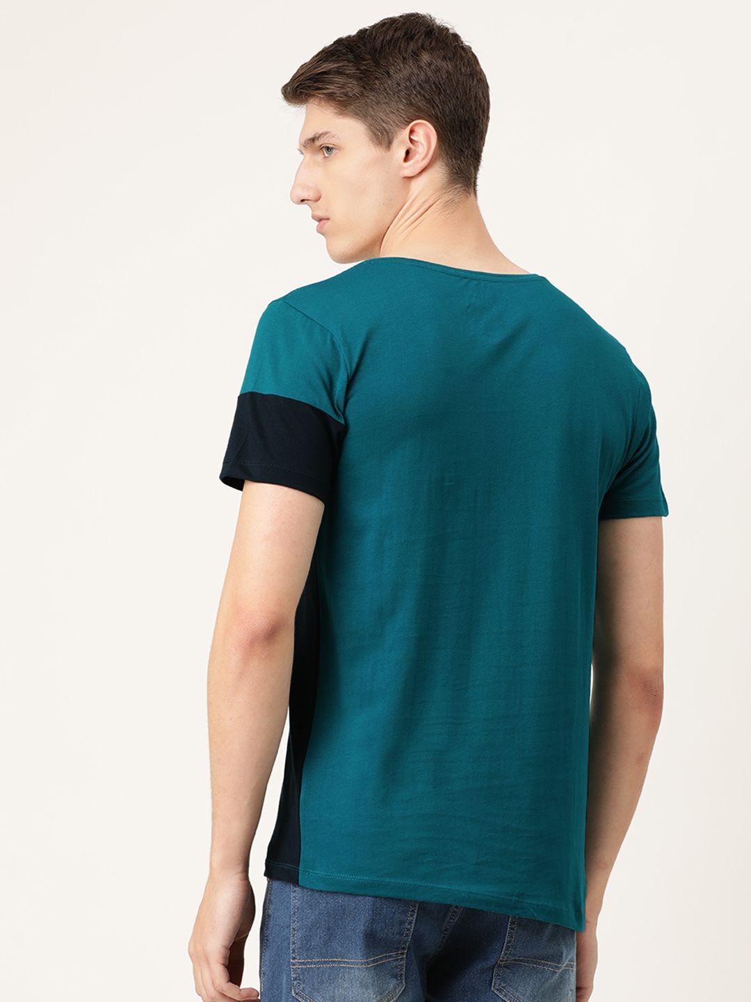 The Indian Garage Co Men Teal Blue  Navy Blue Colourblocked Round Neck T-shirt