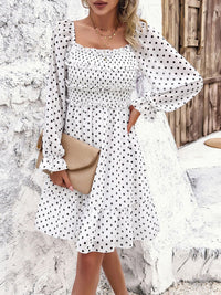 all about you White Polka Dot Printed Square Neck Puff Sleeve Smocked Fit & Flare Dress