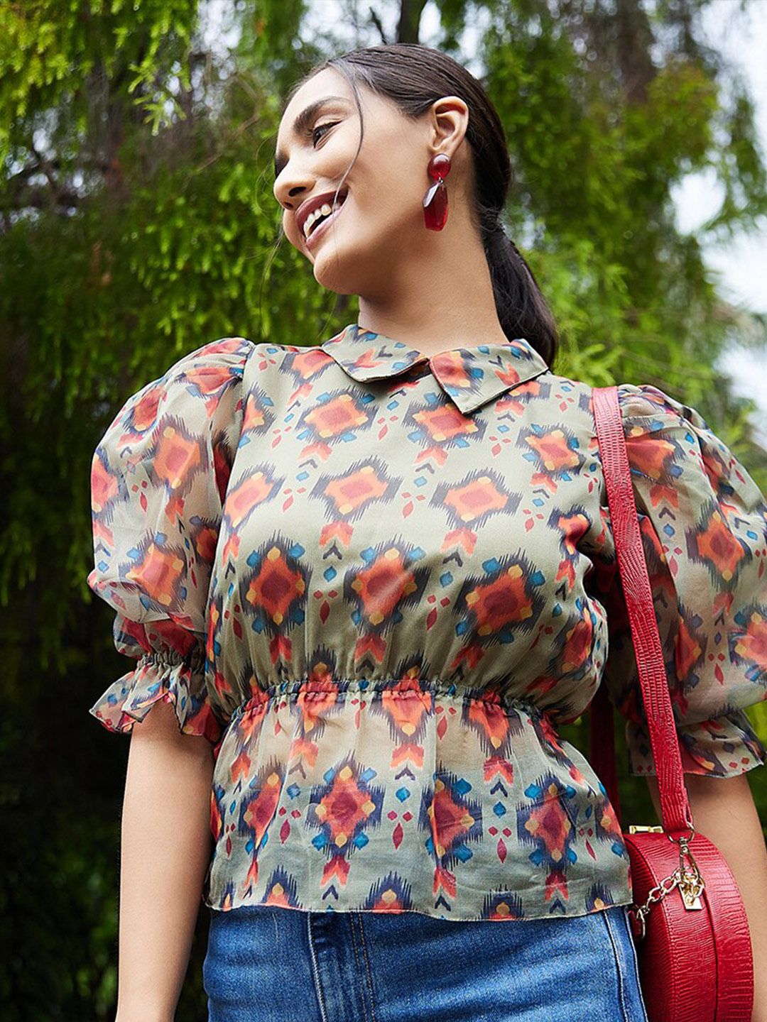 Athena Green & Rust Geometric Print Peplum Top