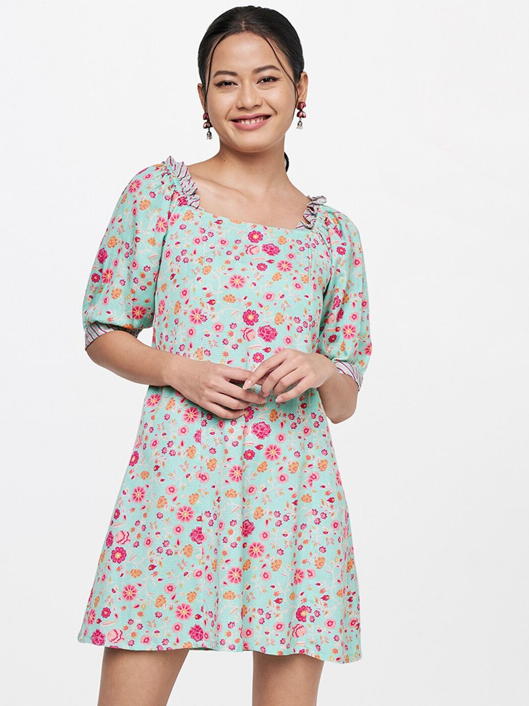 Global Desi Blue & Pink Floral A-Line Mini Dress