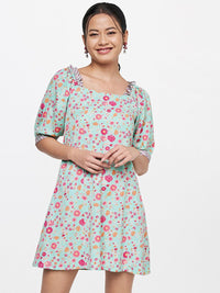 Global Desi Blue & Pink Floral A-Line Mini Dress