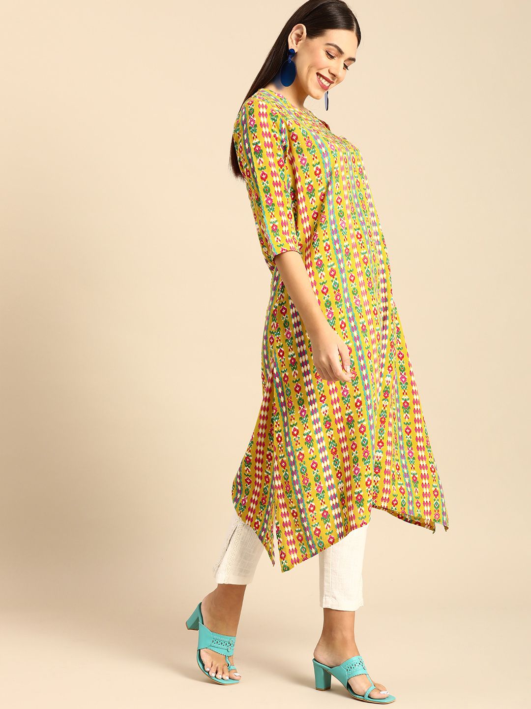 Anouk Women Mustard Yellow & Green Ethnic Motifs Printed A-Line Kurta