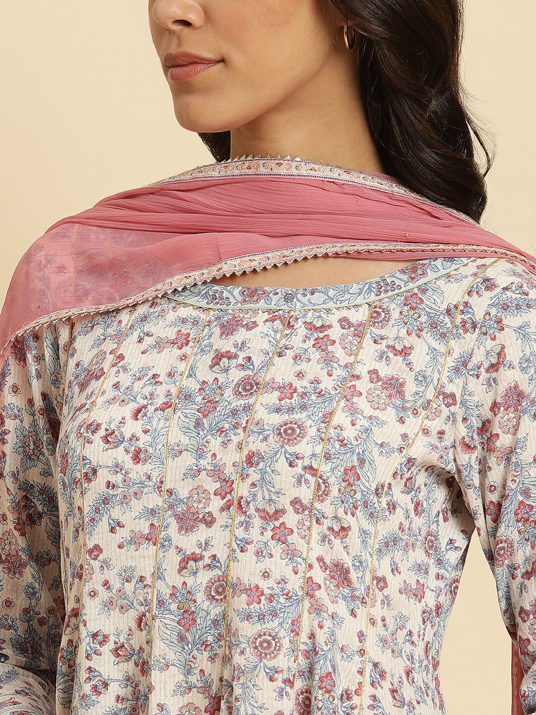 W Cream Floral Printed Gotta Patti Kurta with Churidar & With Dupatta
