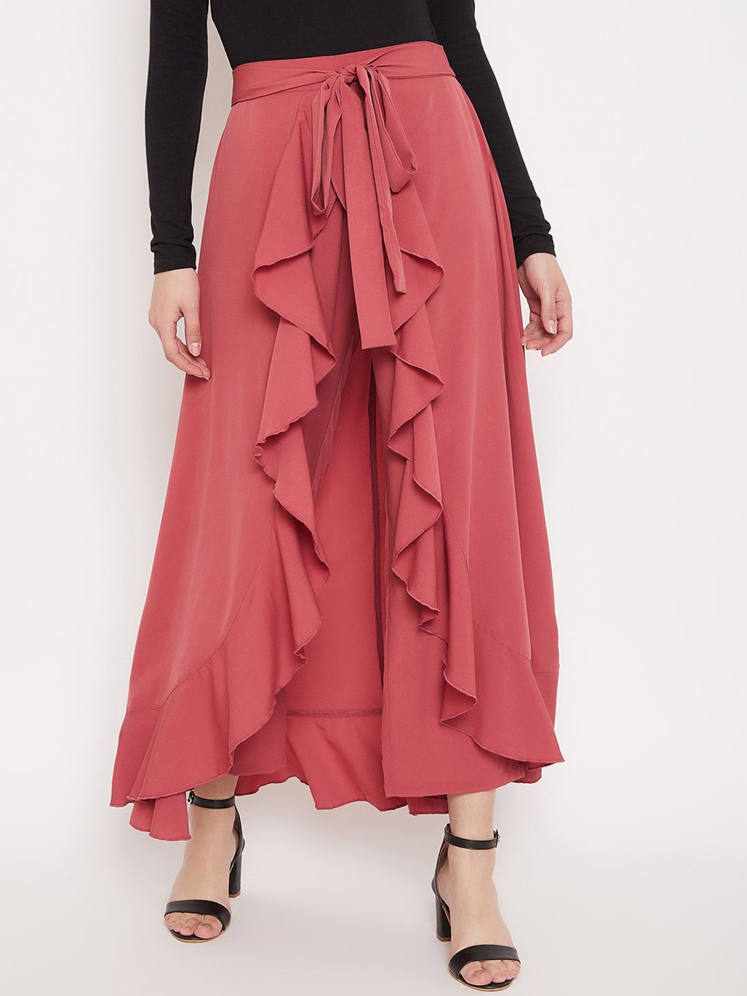 Berrylush Women Pink Solid Wrap Maxi Skirt With Pants