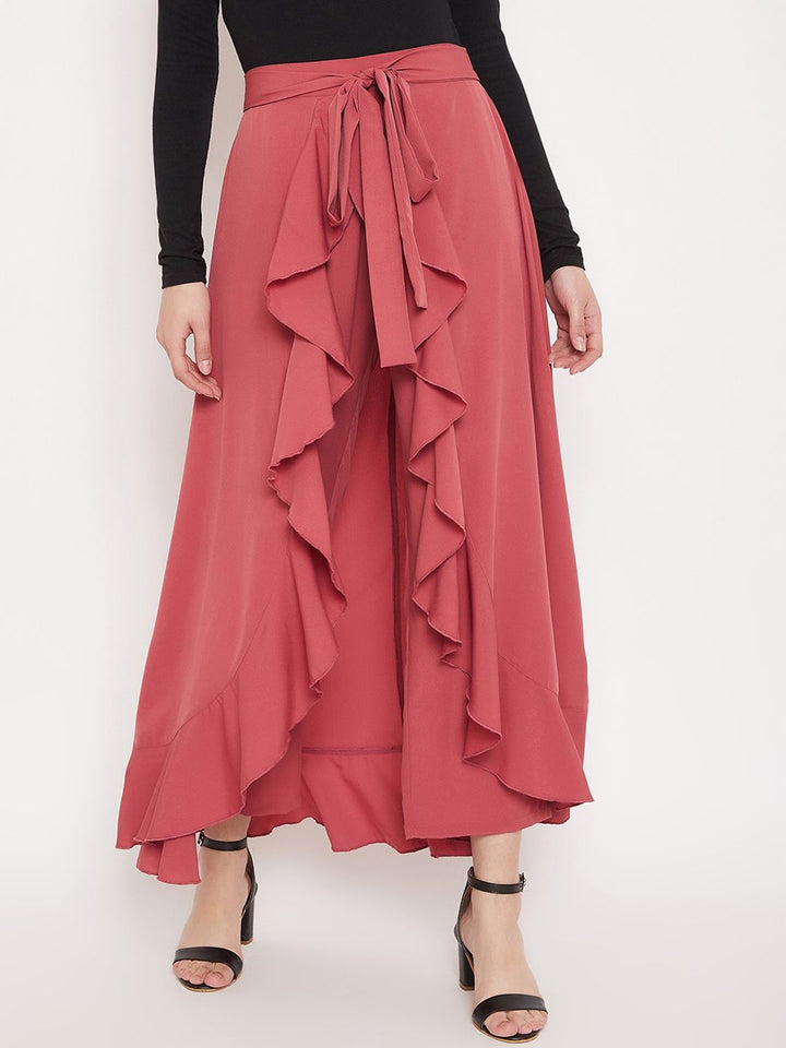 Berrylush Women Pink Solid Wrap Maxi Skirt With Pants