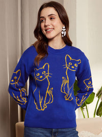 Berrylush Cat Printed Acrylic Pullover Sweater