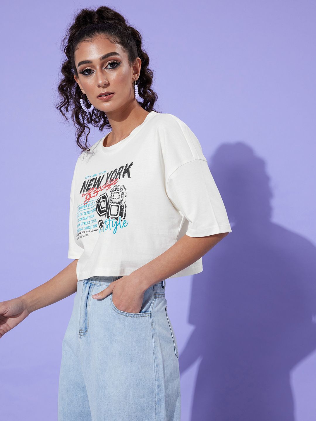 Dressberry Women Typography Print Drop-Shoulder Sleeves Cotton Crop Boxy T-shirt