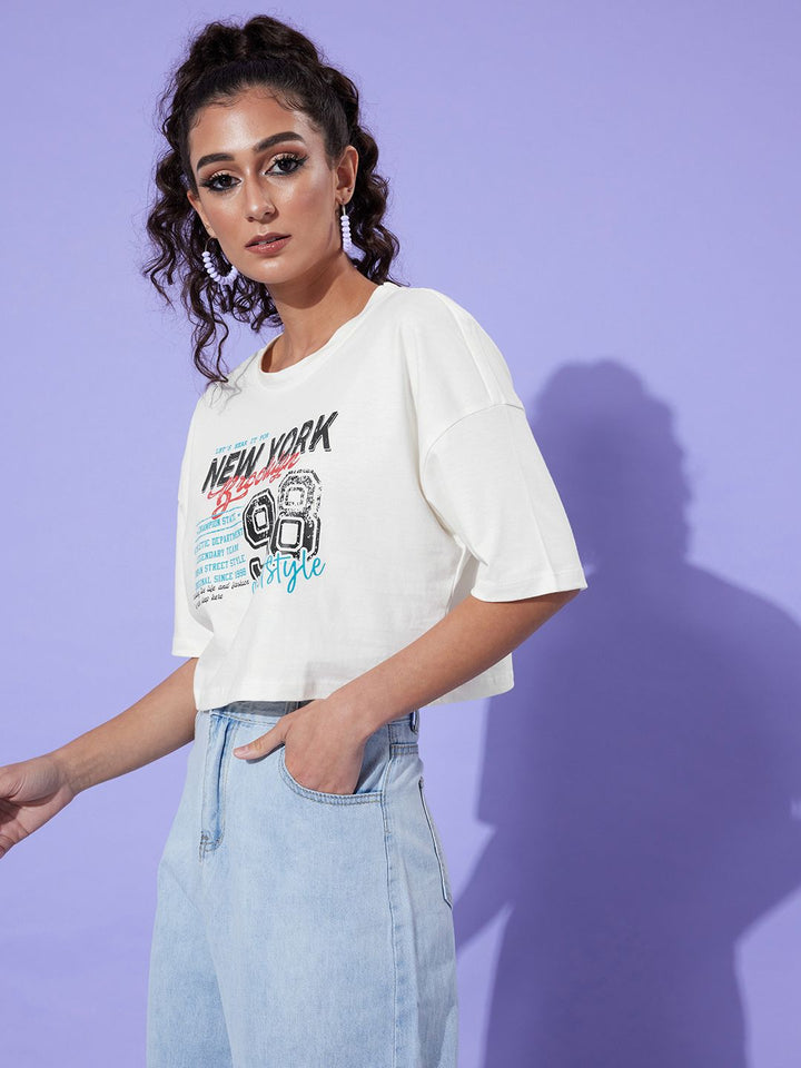 Dressberry Women Typography Print Drop-Shoulder Sleeves Cotton Crop Boxy T-shirt
