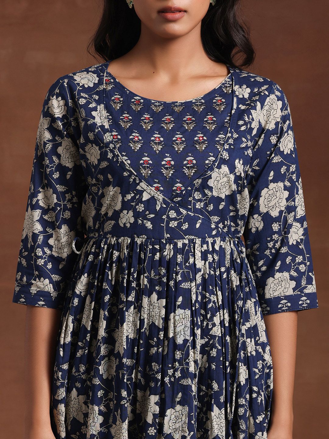 Libas Floral Printed Pleated Round Neck Three-Quarter Sleeves Pure Cotton Kurta Set