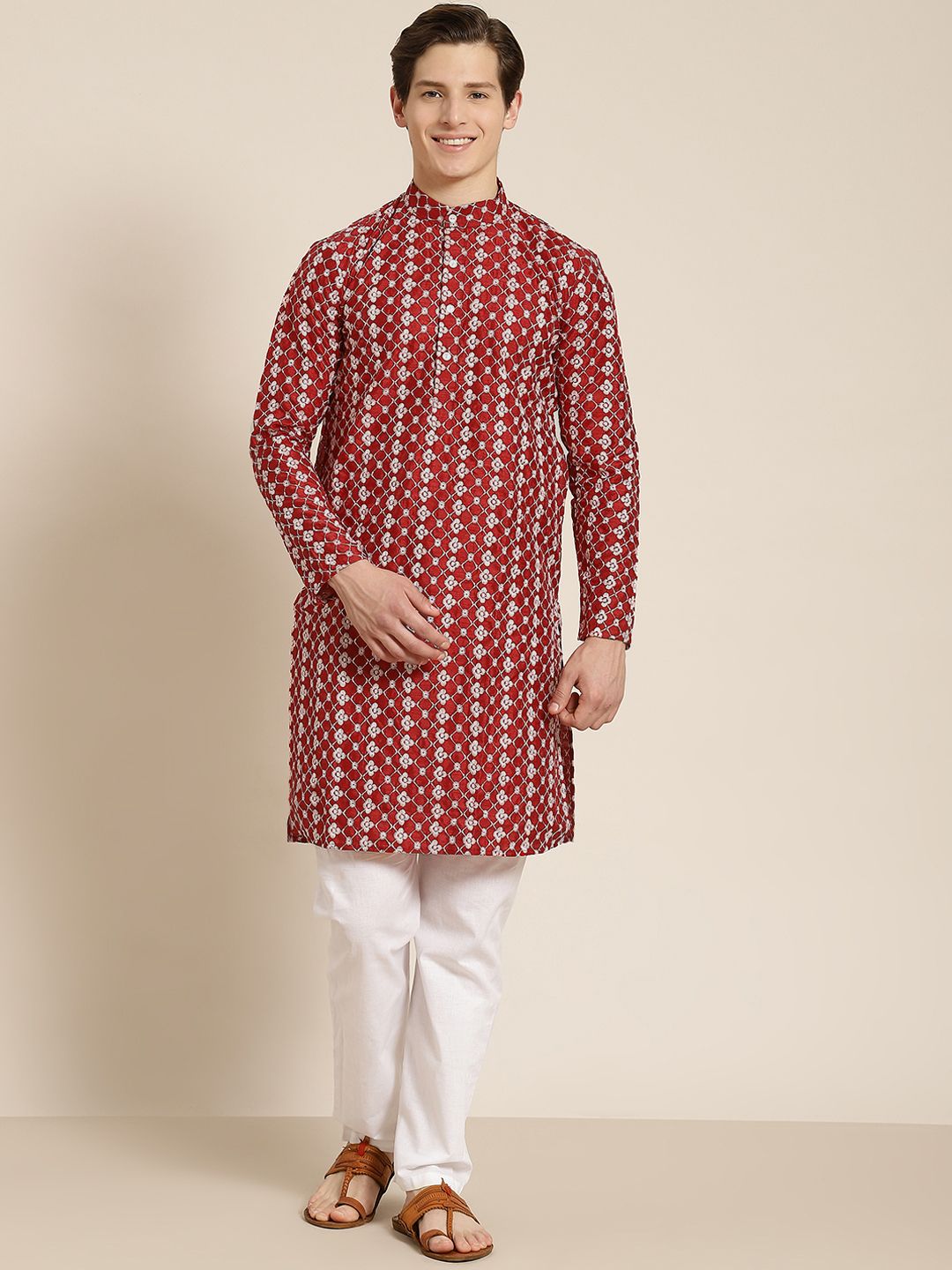 SOJANYA Lelaki Maroon & White Motif Etnik Bersulam Kurta