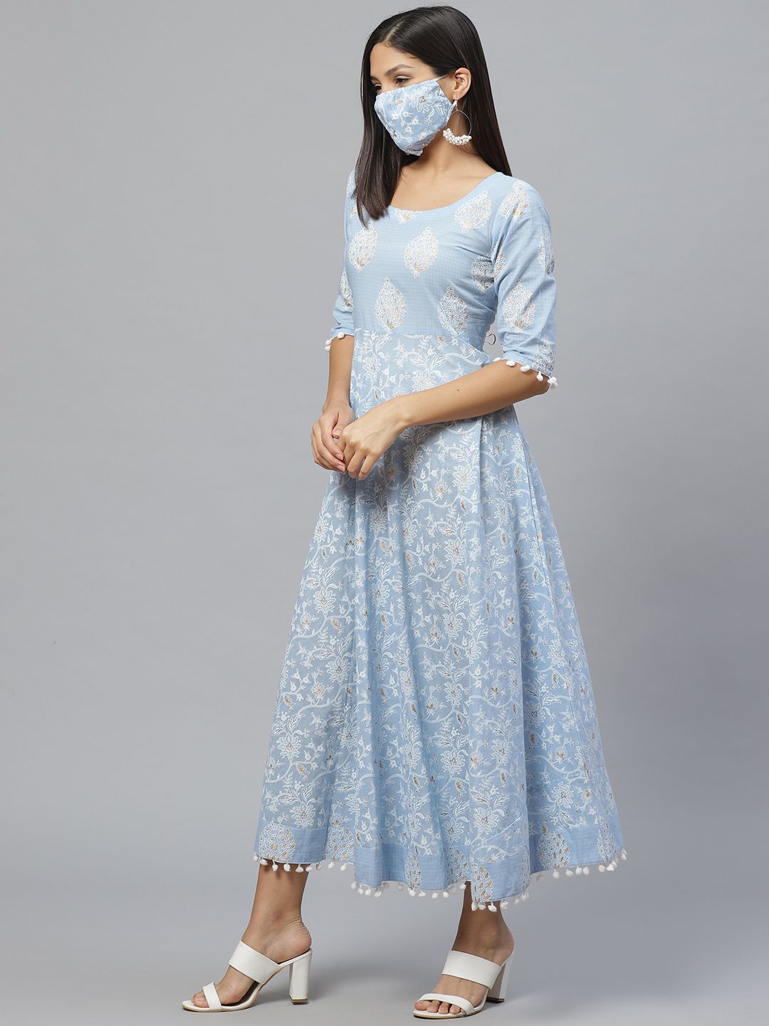 Libas Blue & White Ethnic Motifs Printed Cotton Maxi Dress