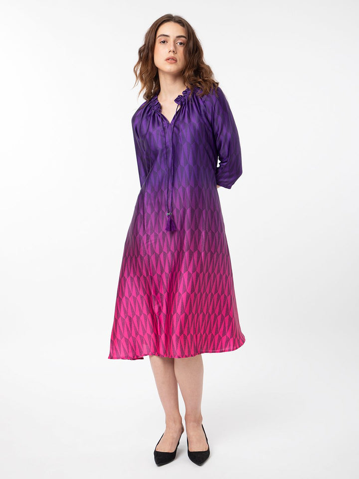 Rareism Abstract Printed Tie -Up Belted Neck A -Line Dress