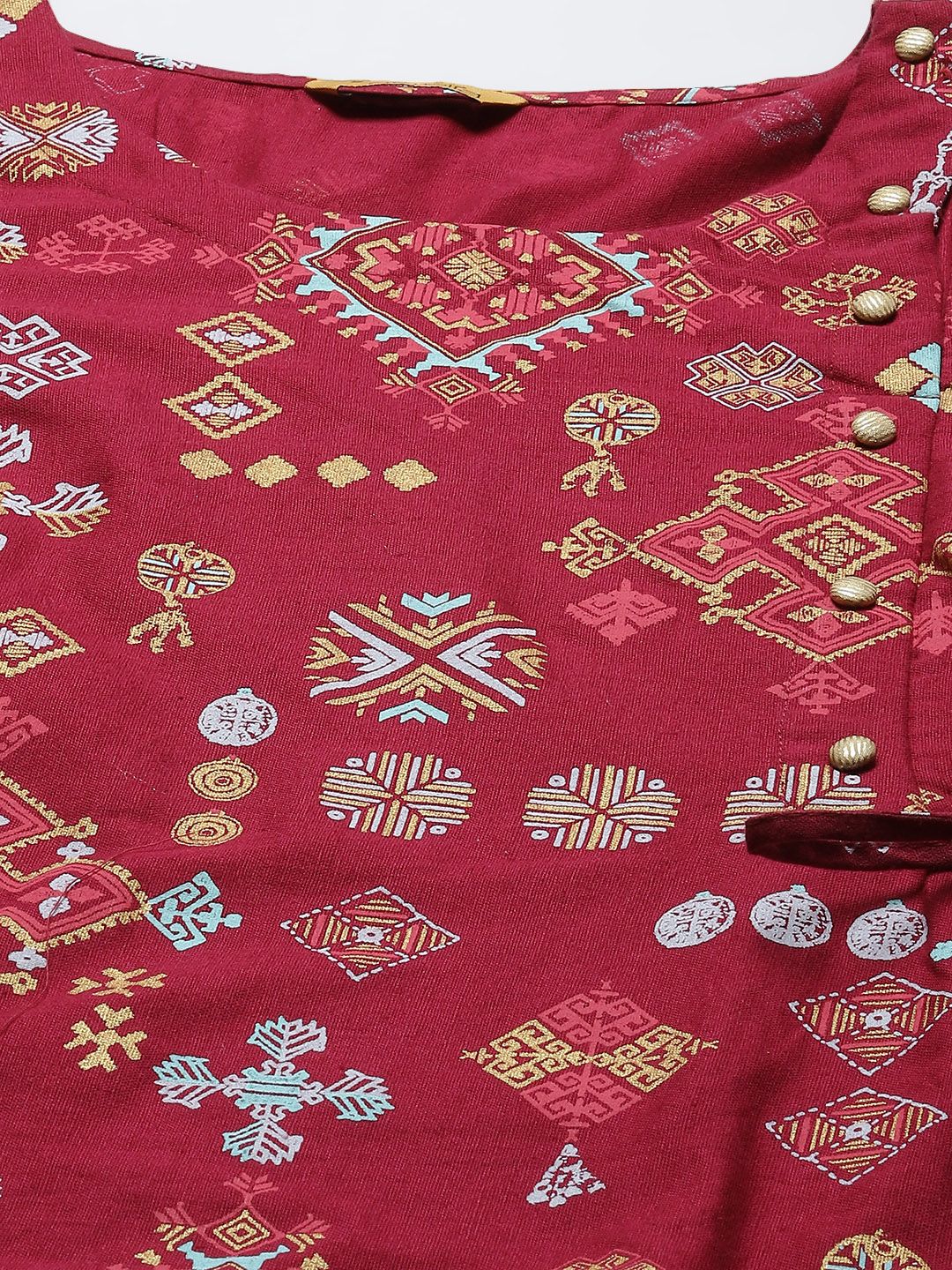 AURELIA Women Maroon & Golden Ethnic Motifs Print Angrakha A-line Kurta