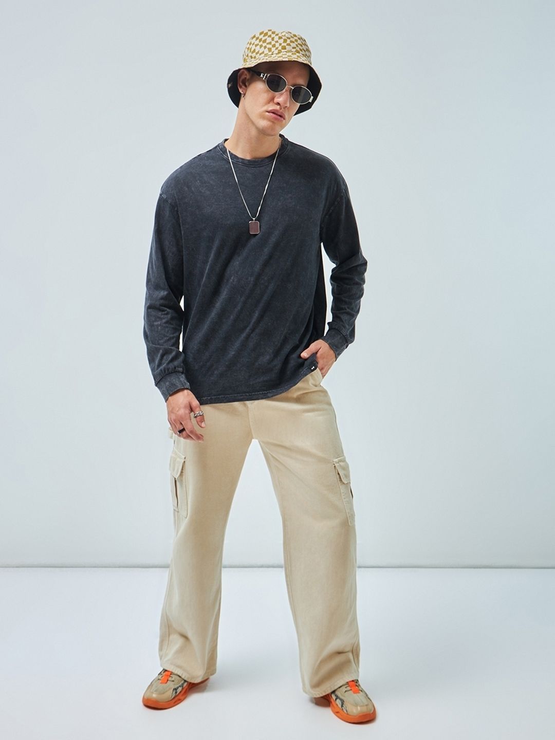 Bewakoof Round Neck Long Drop Shoulder Sleeves Pure Cotton Oversized T-shirt
