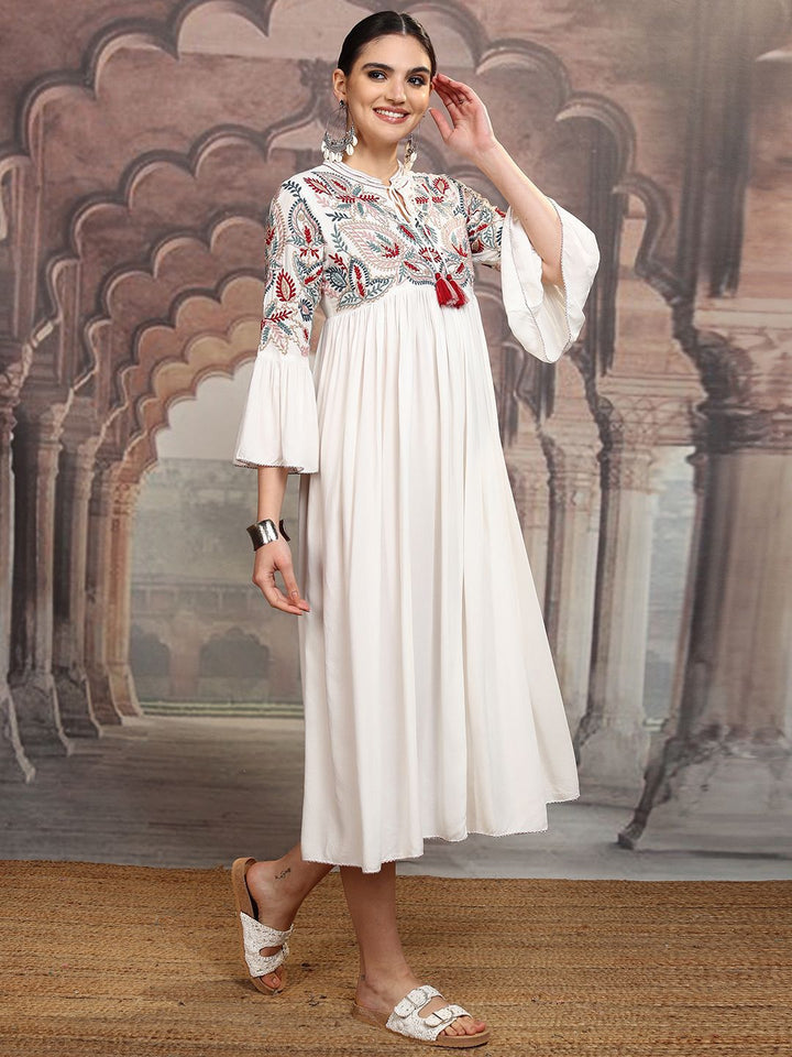 Vishudh White Floral Embroidered Tie-Up Neck Flared Sleeves Velvet A-Line Midi Dress