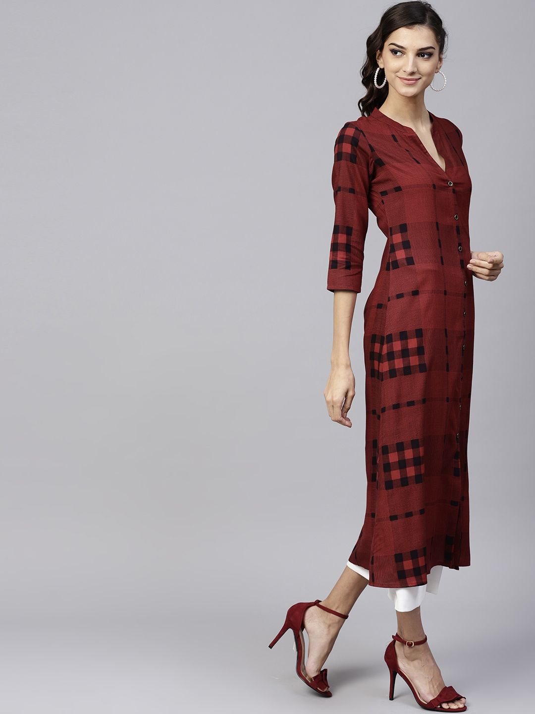 Gerua By Libas Women Maroon  Black Checked A-Line Kurta