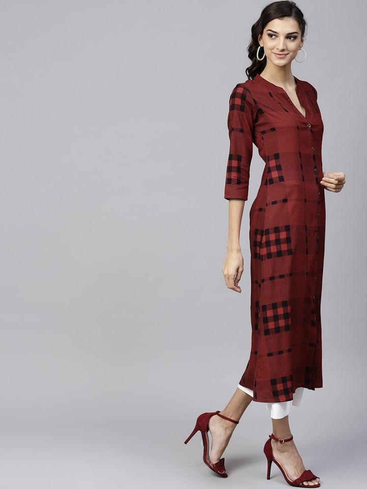 Gerua By Libas Women Maroon  Black Checked A-Line Kurta