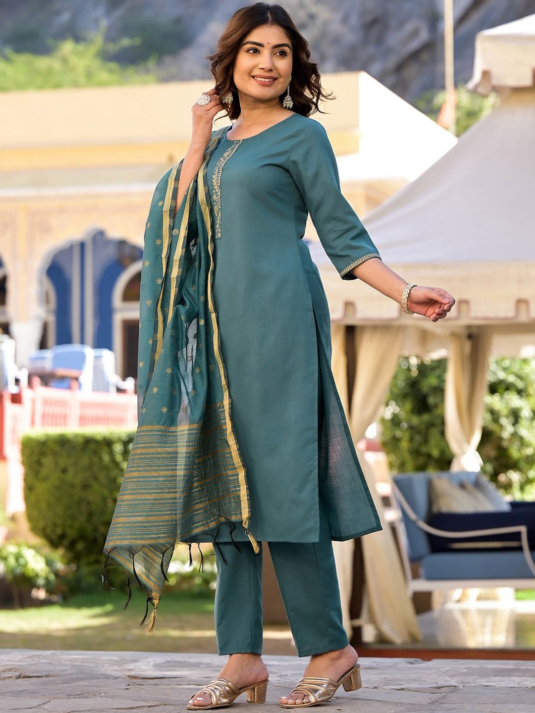 Vishudh Turquoise Blue Floral Yoke Design Straight Kurta & Trousers With Dupatta