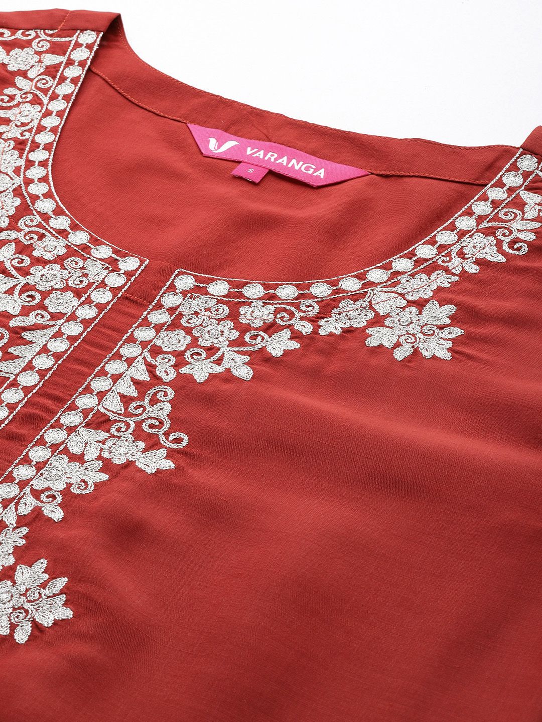 Varanga Women Rust Yoke Design Zari Kurta with Trousers & Dupatta