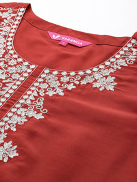 Varanga Women Rust Yoke Design Zari Kurta with Trousers & Dupatta