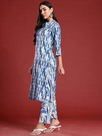 Anouk Geometric Motifs Printed Band Collar Straight Kurta with Trousers & Dupatta