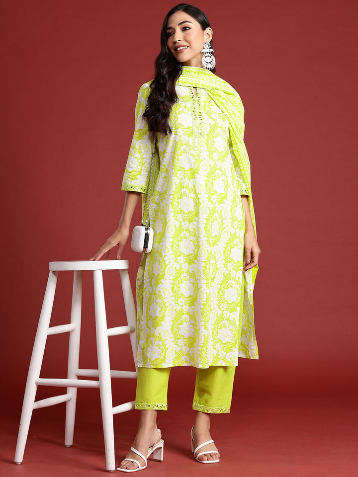 Indo Era Floral Printed Thread Work Pure Cotton Kurta With Trousers & Dupatta
