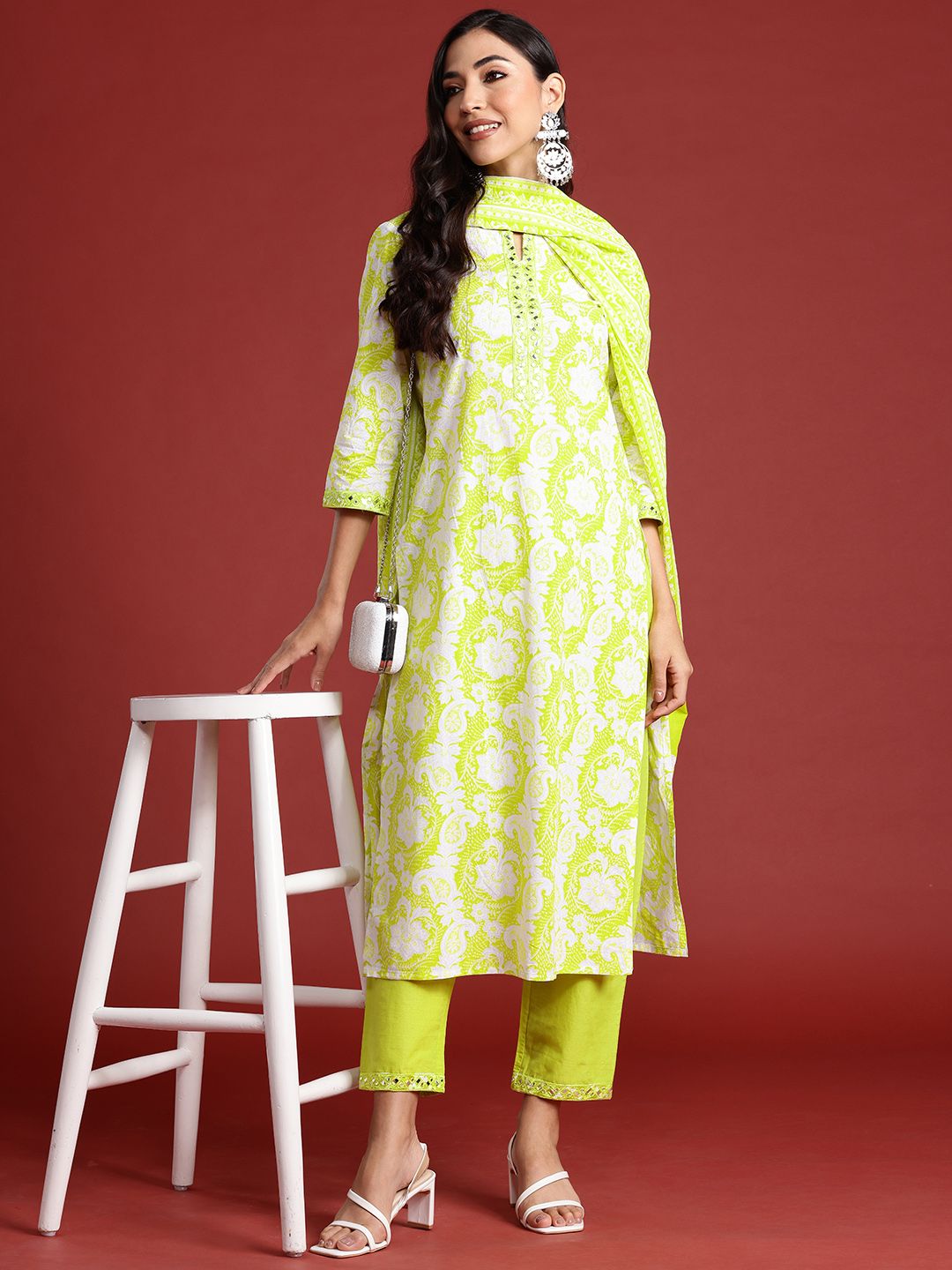 Indo Era Floral Printed Thread Work Pure Cotton Kurta With Trousers & Dupatta