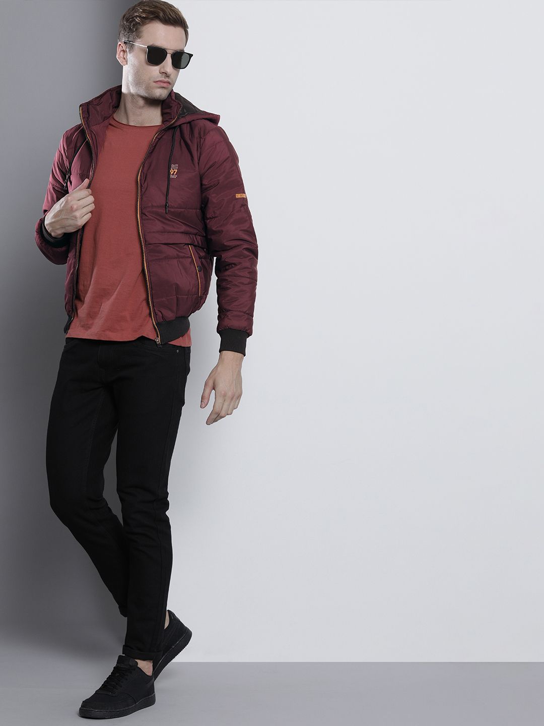 The Indian Garage Co Men Slim Fit Zip-Front Puffer Jacket with Hood